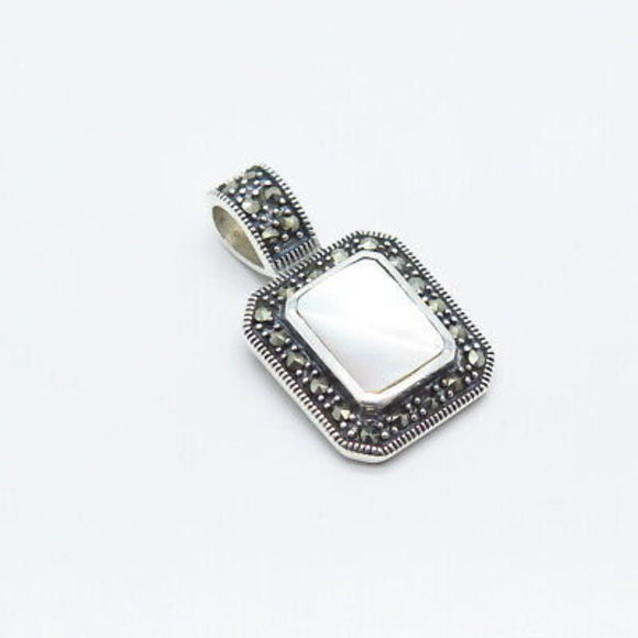 925 Sterling Silver Vintage Real Mother-of-Pearl & Marcasite Gemstone Pendant - Picture 4 of 6